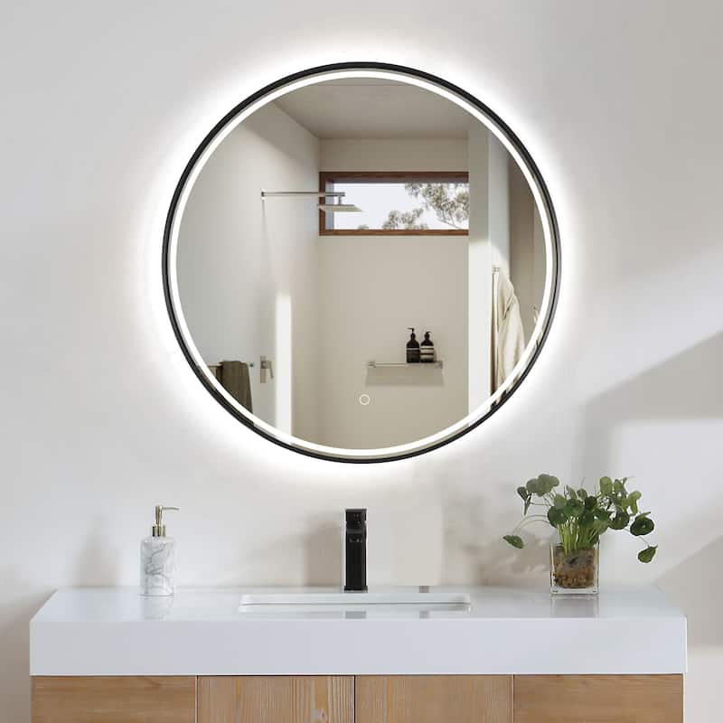 Altair Palme Round Framed Bathroom LED Lighted Wall Mirror - 32 in. - Black
