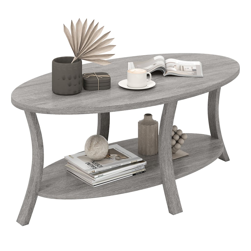 Gymax 2-Tier Oval Coffee Table w/ Storage Shelf Rubber Wood Accent Tea