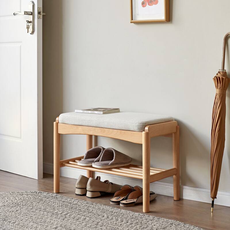 GDFStudio - Cedric Beech Wood Entryway Shoe Bench with Cushion - natural