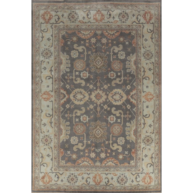 Gray Oushak Area Rug Hand-Knotted Transitional Floral Wool Carpet - 8'9" x 11'8"