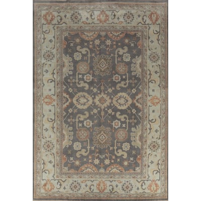 Gray Oushak Area Rug Hand-Knotted Transitional Floral Wool Carpet - 8'9" x 11'8"