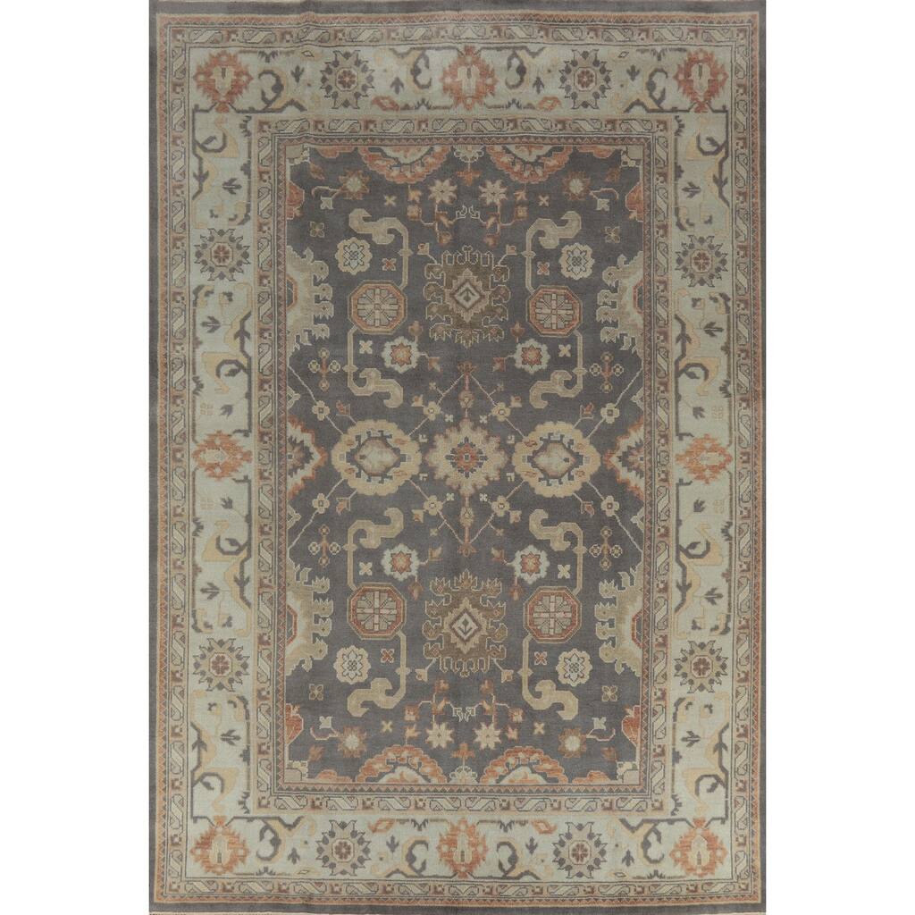 Gray Oushak Area Rug Hand-Knotted Transitional Floral Wool Carpet - 8'9" x 11'8"