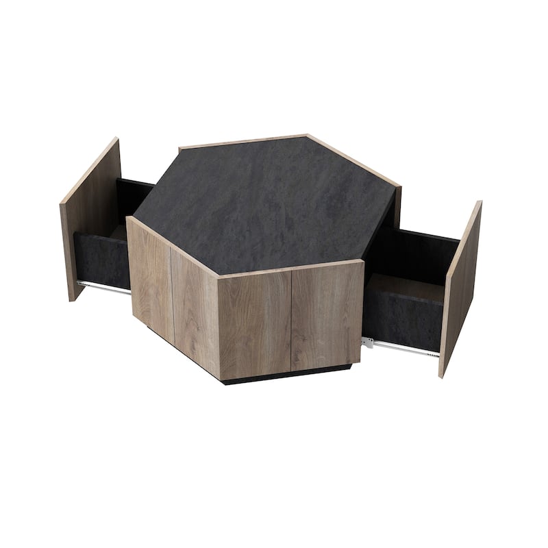 Mieres Modern Coffee Table, Wooden Cocktail Table, Hexagonal Coffee Table with Textured Black and 2 drawers Center Table