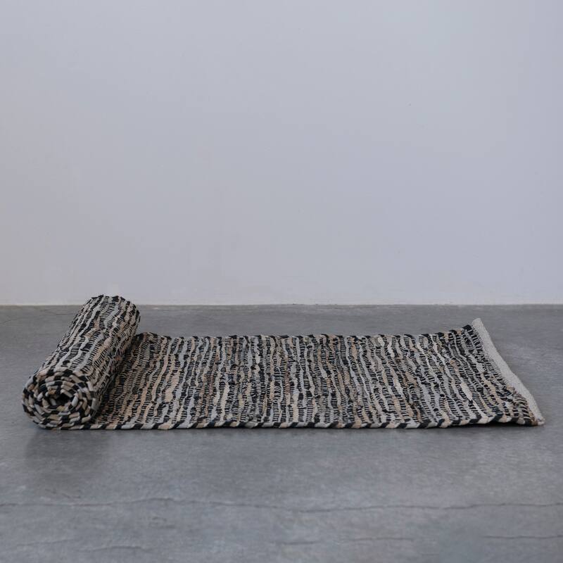 Woven Cotton Chindi and Leather Floor Runner Rug - 96.0"L x 30.0"W x 0.3"H - 96.0"L x 30.0"W x 0.3"H