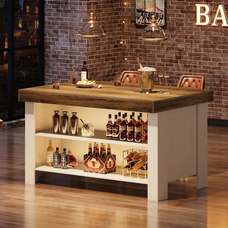 55" Two-Tone Farmhouse Kitchen Island with Storage & Wood Top