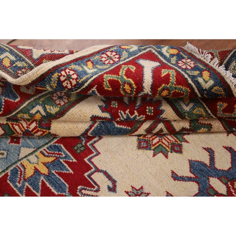 Ivory Kazak Oriental Area Rug Hand-Knotted Geometric Wool Carpet - 5'1" x 6'7"