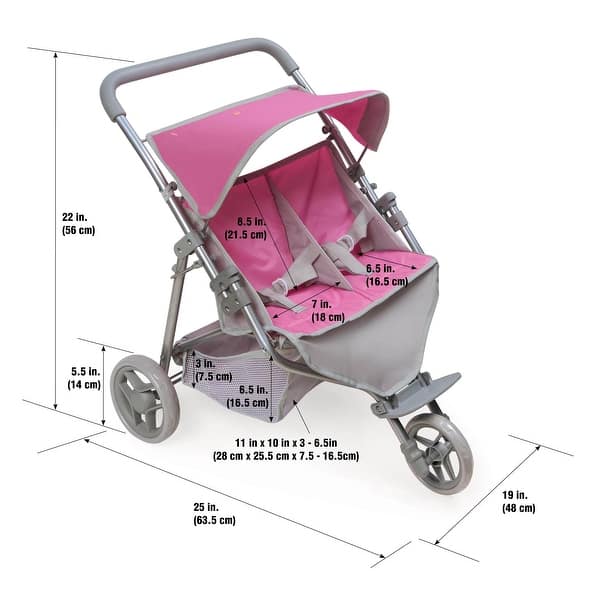 Badger Basket Trek 3 Wheel Folding Twin Doll Jogging Stroller - Gray and Pink - N/A