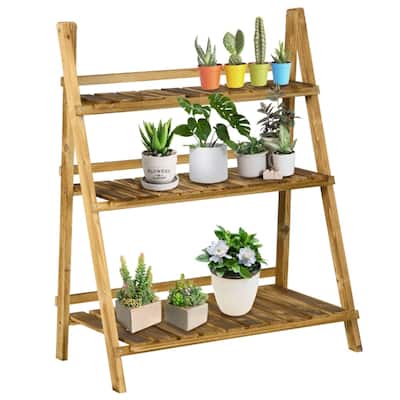 Natural Fir Wood 3 Tier Plant Stand Flower Display Rack for Garden Patio Indoor Use - 31.5" L x 14.75" W x 37" H