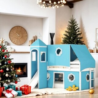 Impression & Beautiful Playhouse Unique Design Twin Size Loft Bed with Slide Blue Tent and Tower