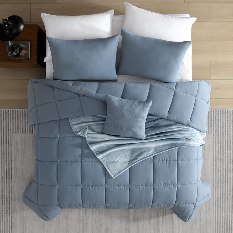 Kenneth Cole Reaction Solid Cotton Blue Reversible Bonus Comforter Set