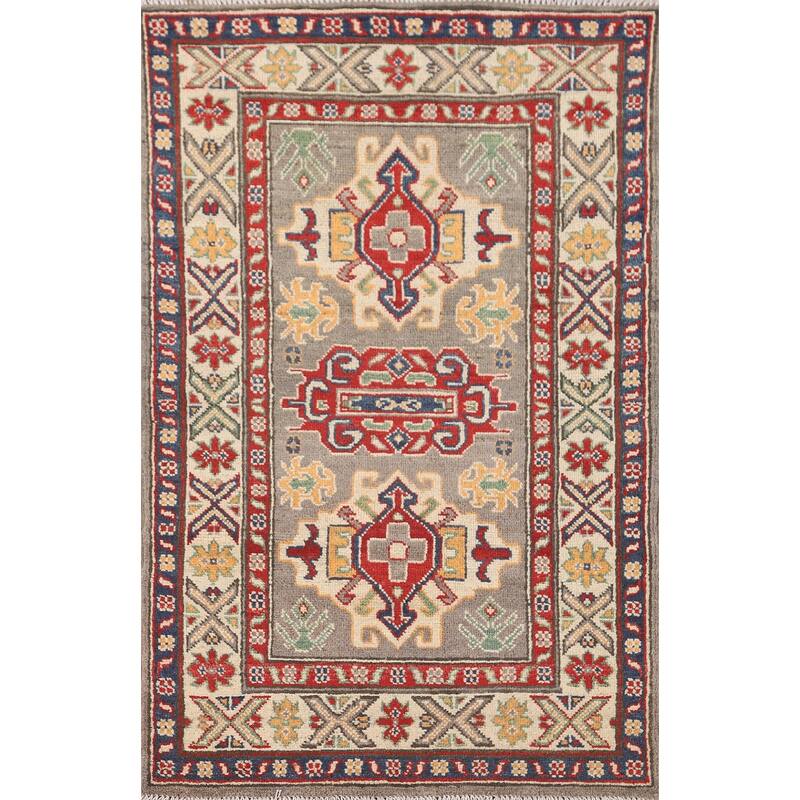Geometric Kazak Accent Rug Hand-Knotted Grey Wool Carpet - 2'6" x 4'3"