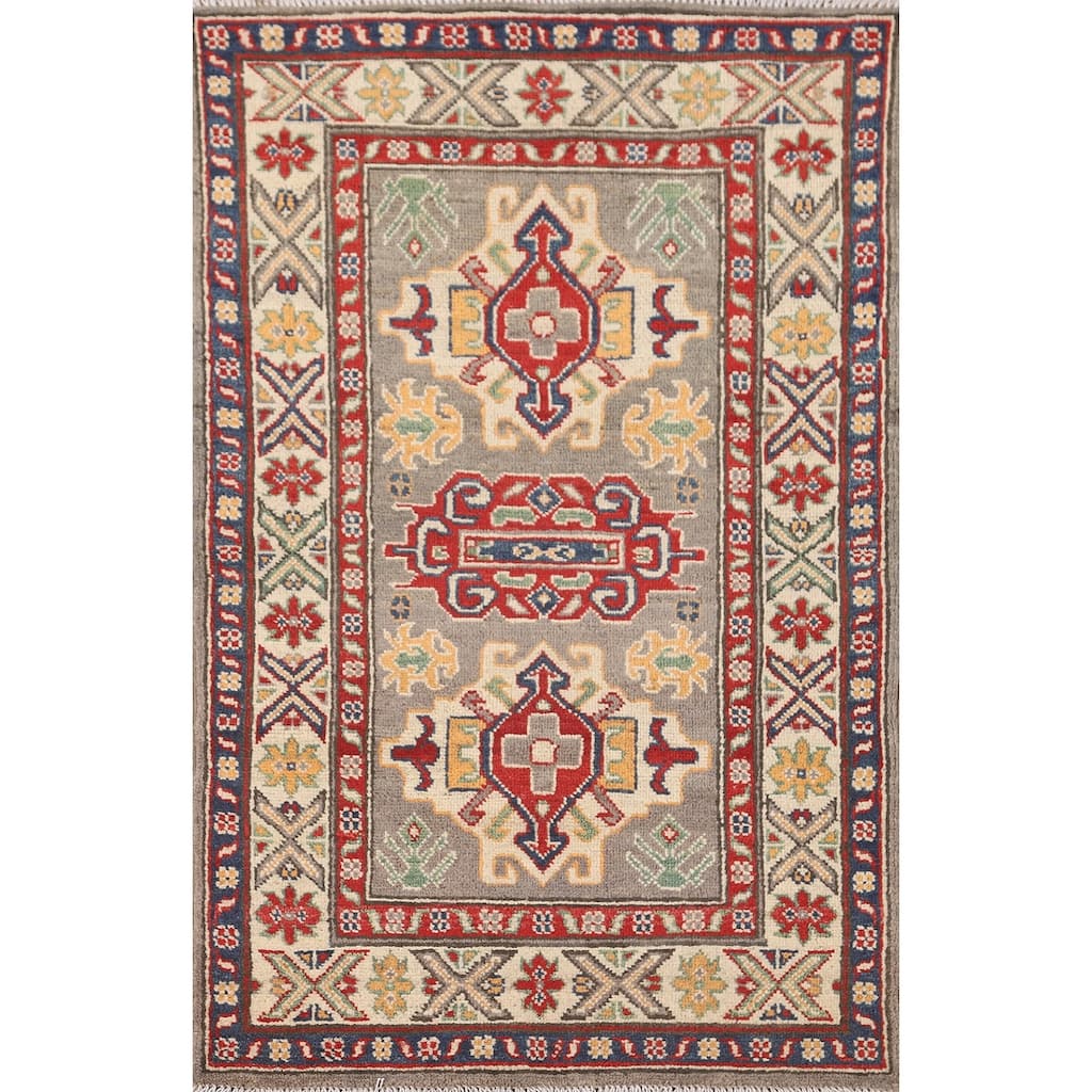Geometric Kazak Accent Rug Hand-Knotted Grey Wool Carpet - 2'6" x 4'3"