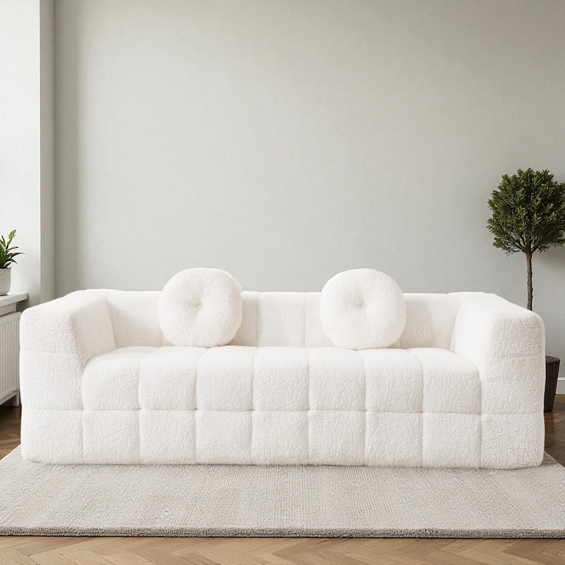 84.6" Modern Boneless Cloud Sofa, Lychee-Textured Long-Pile Polyester 3-Seater Couch with Checkered Design and Round Pillows