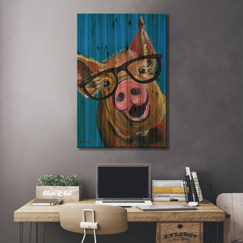 Pig Wilbur Glasses Blue Print On Wood by Hippie Hound Studios - Multi-Color