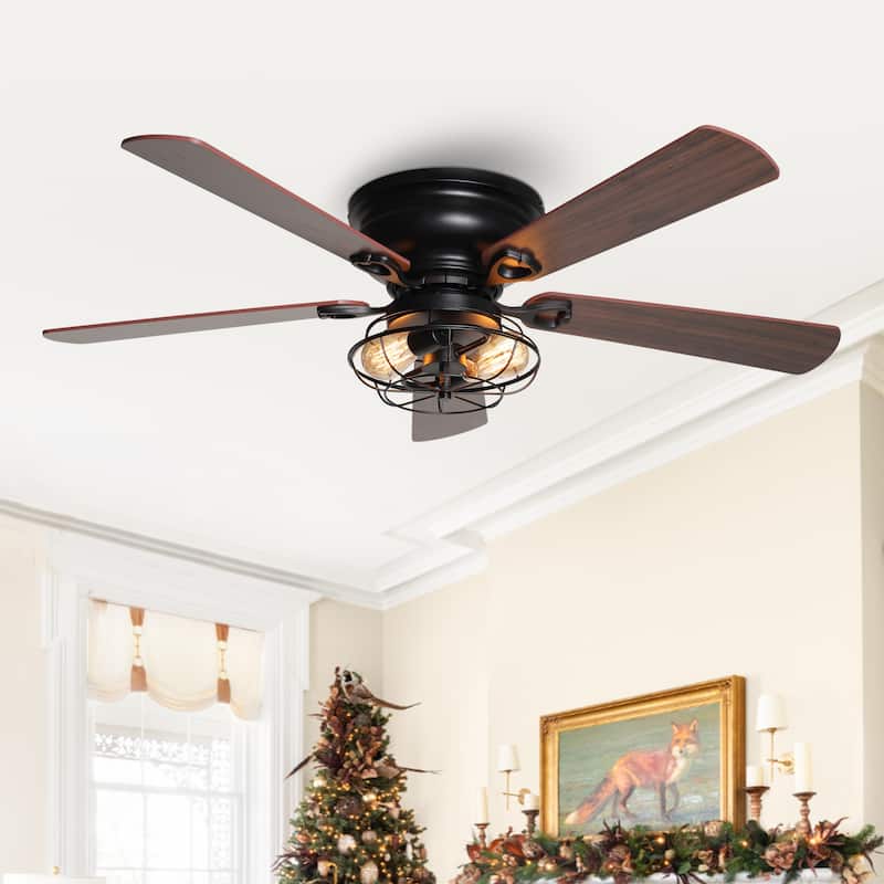 Industrial 48-in Wood 5-Blade Flush Mount Black Low Profile Ceiling Fan with Remote and Light Kit