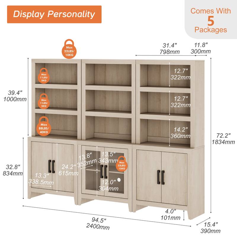 WAMPAT Tall Bookshelf with Doors, Farmhouse Bookcase with Open Shelves for Living Room & Home Office