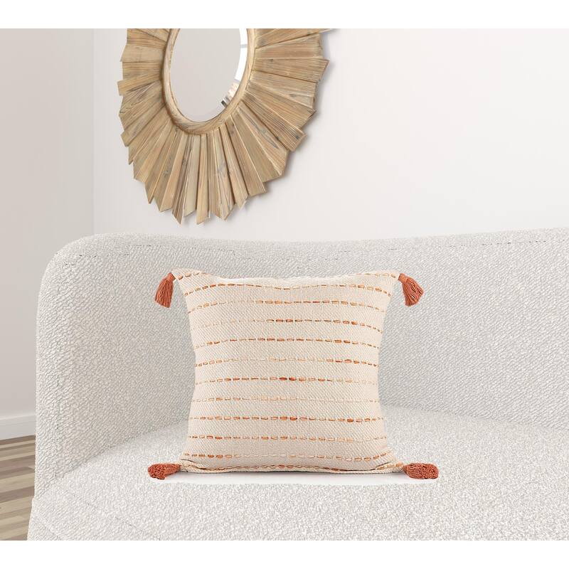 HomeRoots 20" X 20" Coral And Ivory 100% Cotton Striped Zippered Pillow
