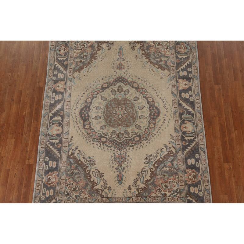 Distressed Tabriz Persian Antique Area Rug Living Room Wool Carpet - 6'4" x 9'2"