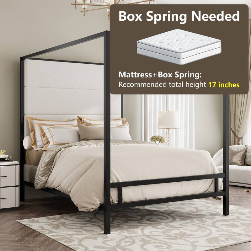 Metal Frame Canopy Bed Four Poster Bed Velvet Fabric Upholstered Headboard Wingback Bed, Modern Low Profile Platform Bed