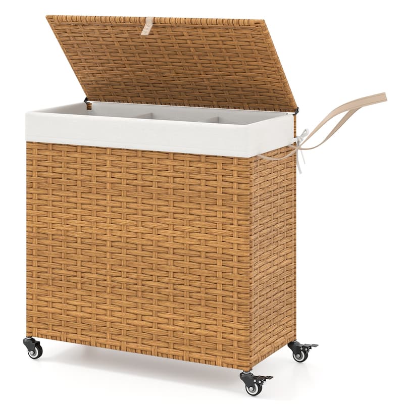 3-Compartment Laundry Basket Bags with Wheels Lid and 125L Capacity Removable - 25.5" x 13" x26" (L x W x H) - Tan