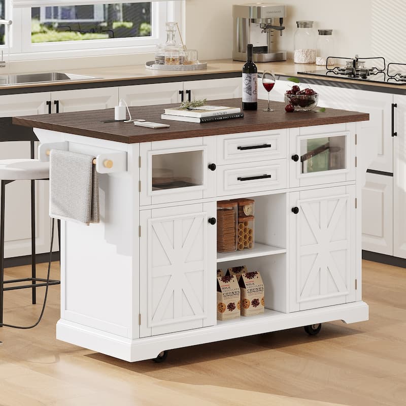 54.9" Kitchen Island with Drop Leaf, Power Outlet, Storage Cart Featuring Cross Barn Doors & Glass Front, Rolling on 4 Wheels