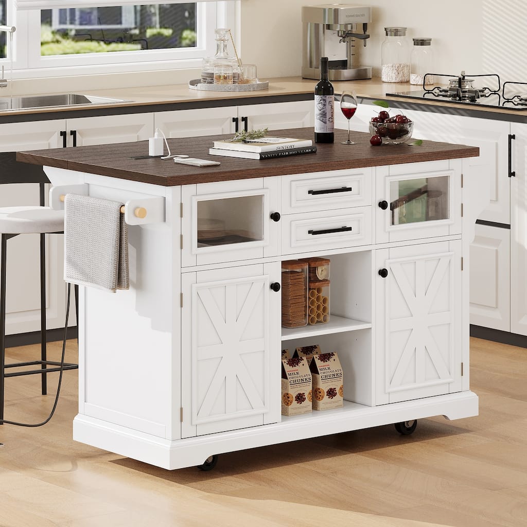 Cross Barn Door Kitchen Island, Rolling Wheels Pantry Storage Cart with Drop Leaf, Power Outlet and Glass Door for Dining Room