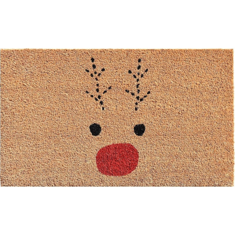 HomeRoots 36" X 72" Brown Red And Black Christmas Reindeer Outdoor Coir Door Mat - 36.00' X '72.00