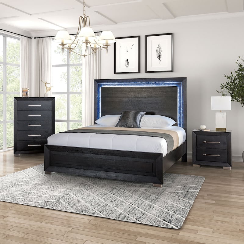 Furniture of America Alaric Modern 3-Piece Black Wood Panel Bedroom Set with LED Headboard