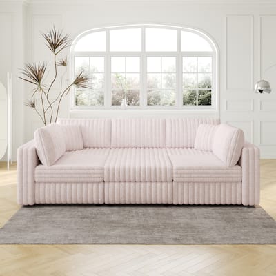 106.3" Soft U-shaped 6-Person Sofa with 30.7" Hydraulic Lift Ottoman, Light Pink, Modular Design