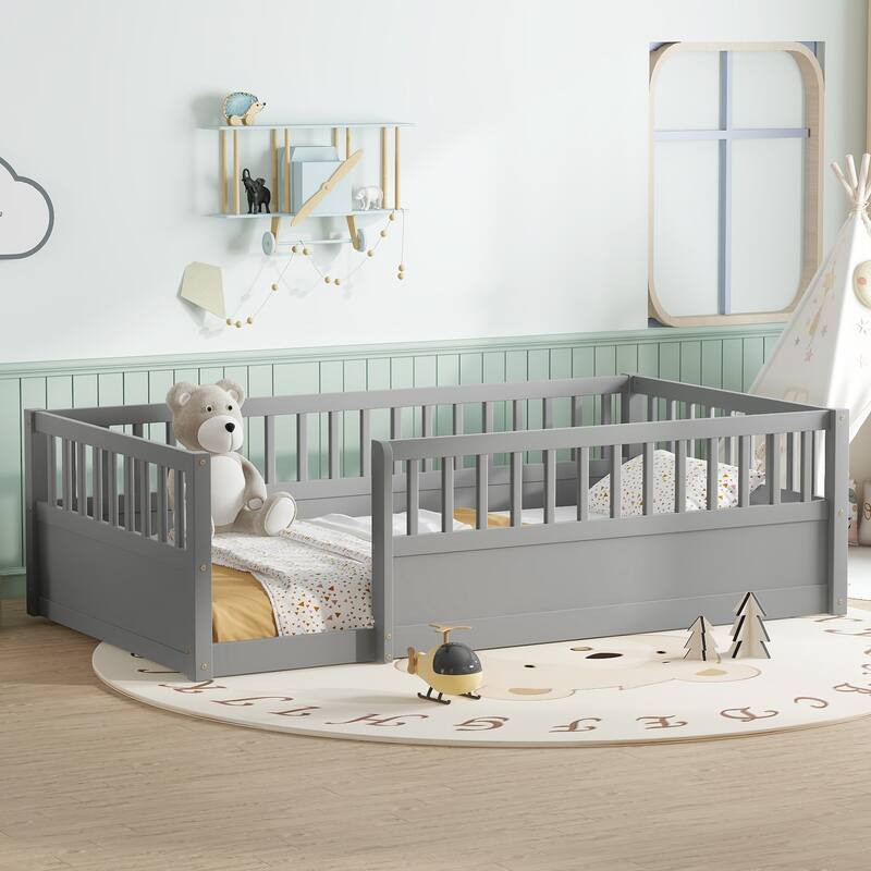 Montessori Twin Wooden Floor Bed with Safety Fence, Gray, for Kids Bedroom or Playroom