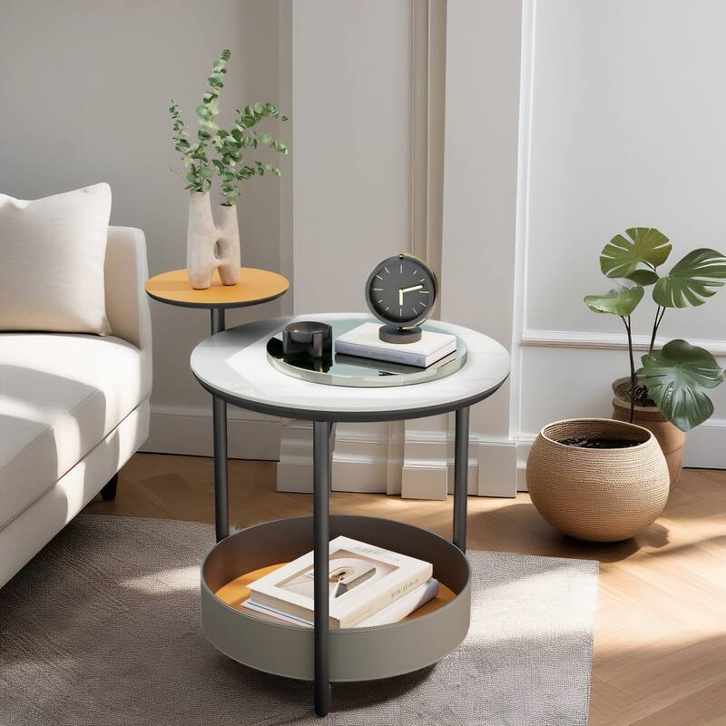 Unique Round Side End Table with 3-Tiers,Sintered Stone-top,Microfiber Saddle Leather Shelves,Accent Bedside Table for Room
