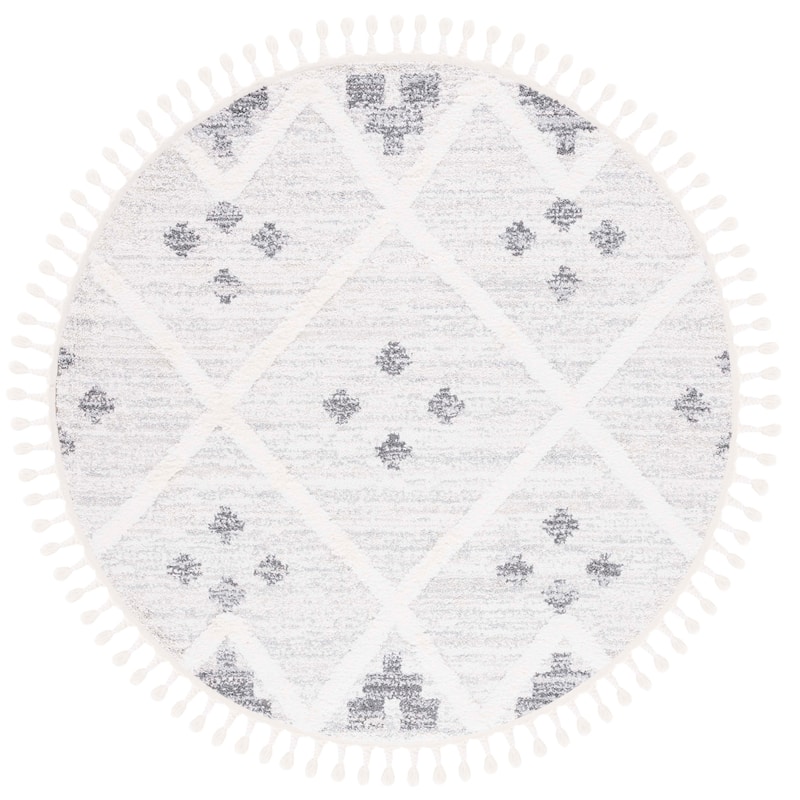 SAFAVIEH Moroccan Tassel Shag Lennie Trellis 2-inch Thick Rug - 6'7" Round - Beige/Ivory