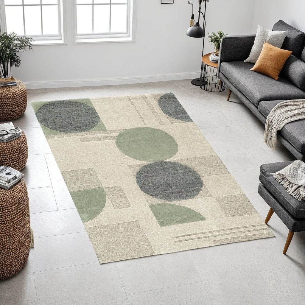 Laen 5 x 7 Medium Area Rug, Hand Tufted Geometric Shapes, Gray Wool - 5 x 7