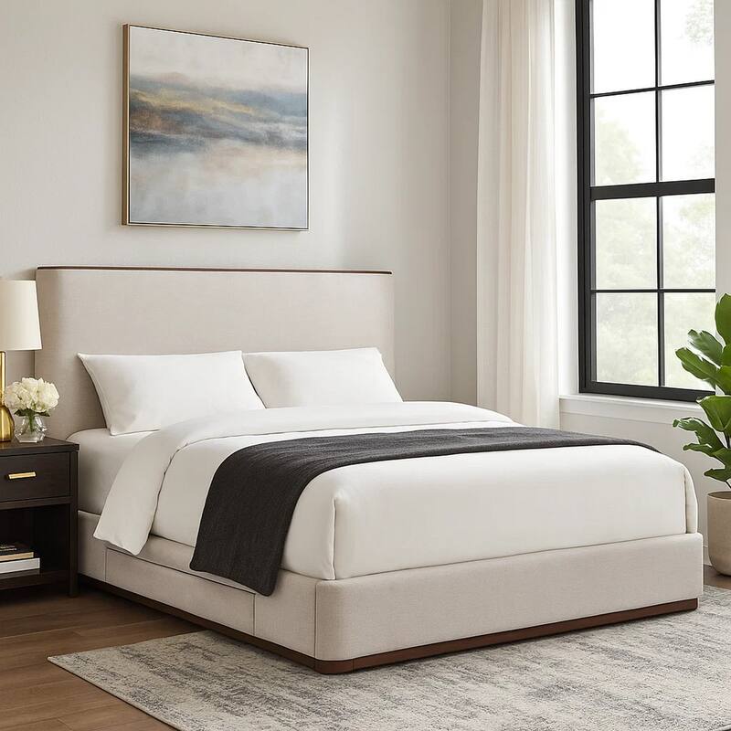 Orion Full Size Bed with Built-In Storage Drawer, Medium Gray Fabric