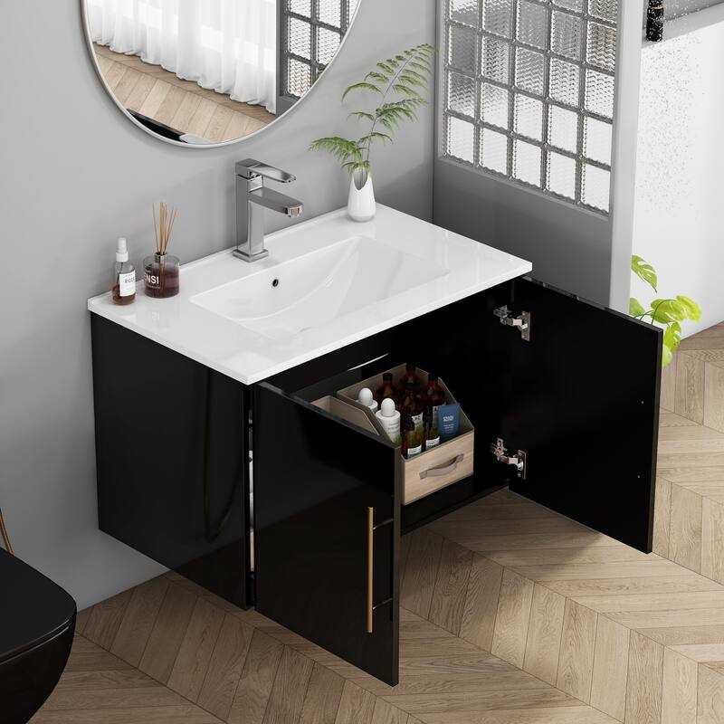 30-Inch Gloss Wall-Mounted Bathroom Vanity with Double Doors, Soft-Close Hangers,Long Gold Metal Handle