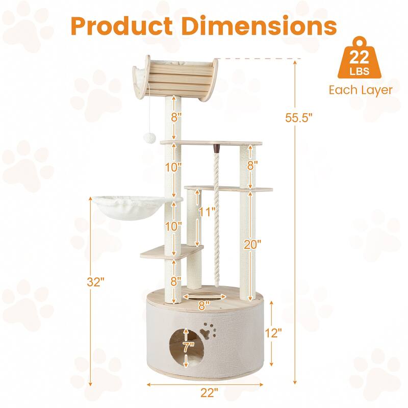 Natural Wooden Cat Tree Tower with Condo Hammock Perch and Scratching Posts 55 Inch Multi Level