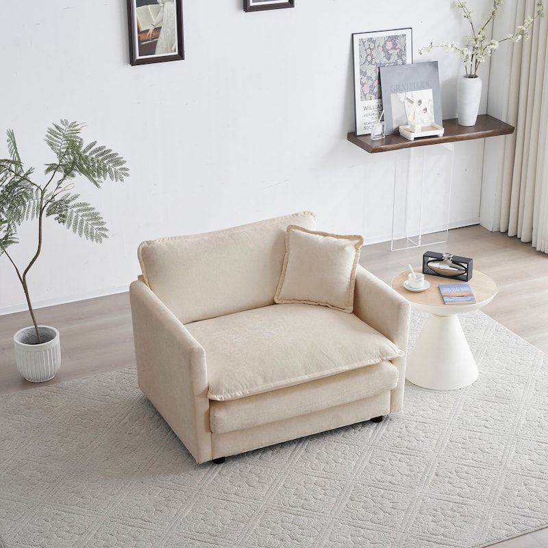 Deep Single Seat Sofa Upholstered Reading Armchair with Chenille Fabric and Toss Pillow