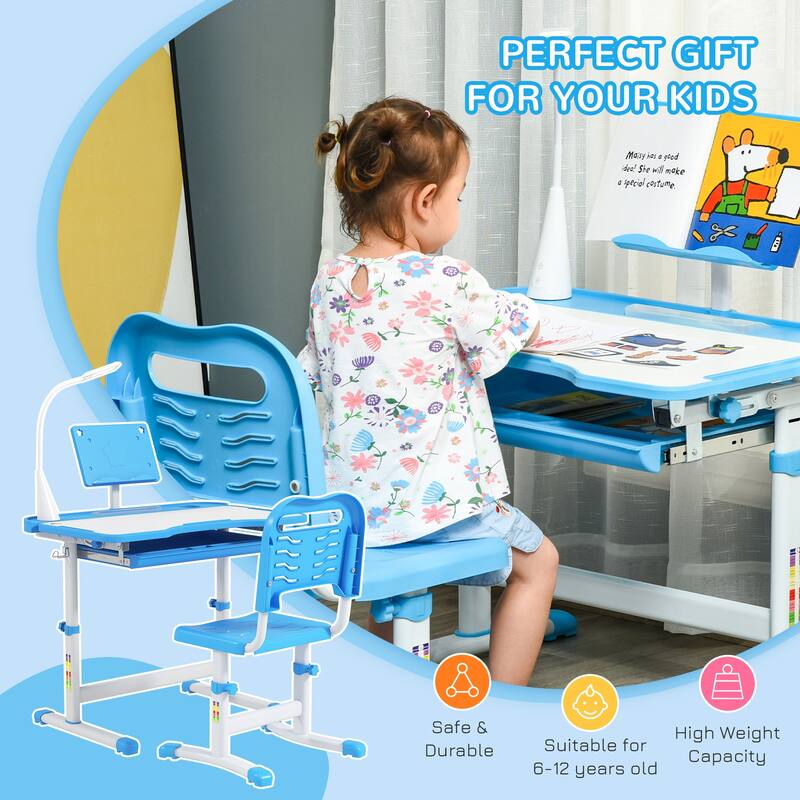 Qaba Kids Desk and Chair Set Height Adjustable Student Writing Desk Children School Study Table