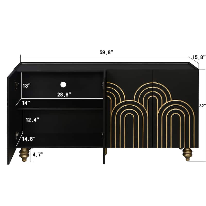 GDFStudio - White Modern Fluted 4-Door Sideboard Buffet with Adjustable Shelves for Kitchen, Dining & Living Room