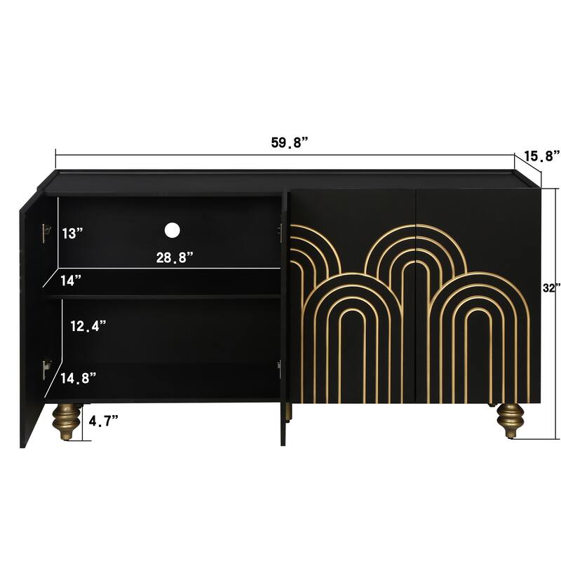 Roomfitters Modern Fluted Sideboard, 4-Door Buffet Cabinet with Curved Accents & Adjustable Shelves