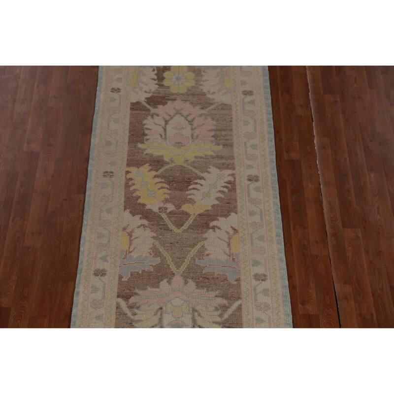 Hand Knotted Oriental 100% Wool Carpet Transitional Floral Brown Oushak Runner Rug - 17' 6'' X 3' 2''