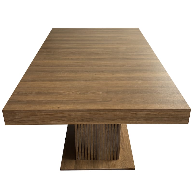 Extendable Cabinet Dining Table with Storage, Wood Kitchen Table with Striped Cabinet, Waterproof Coffee Table