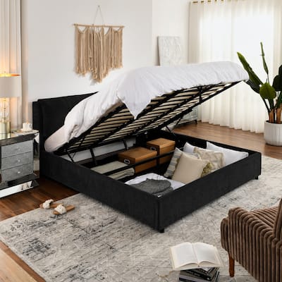 King Size Storage Upholstered Hydraulic Platform Bed with Integrated Headboard, Chenille Fabric, Black