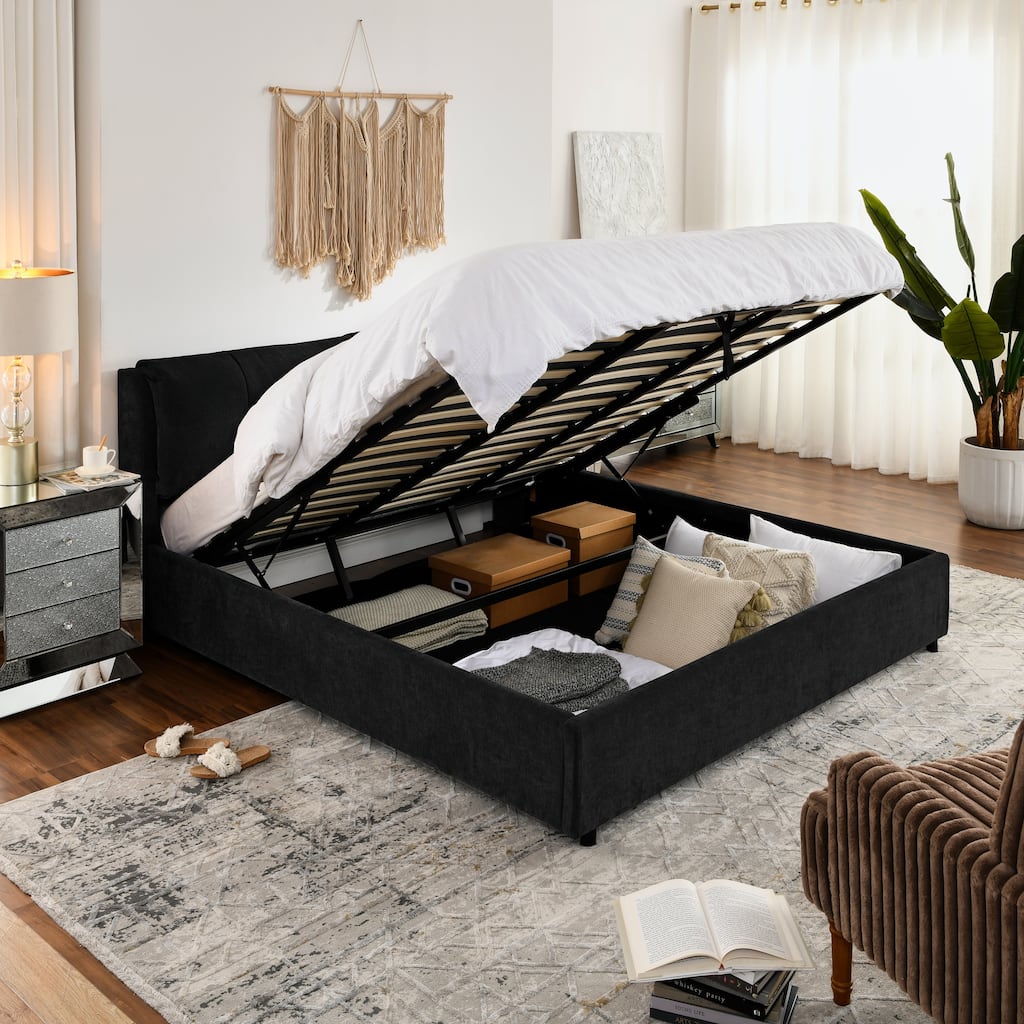 King Size Storage Upholstered Hydraulic Platform Bed with Integrated Headboard, Chenille Fabric, Black