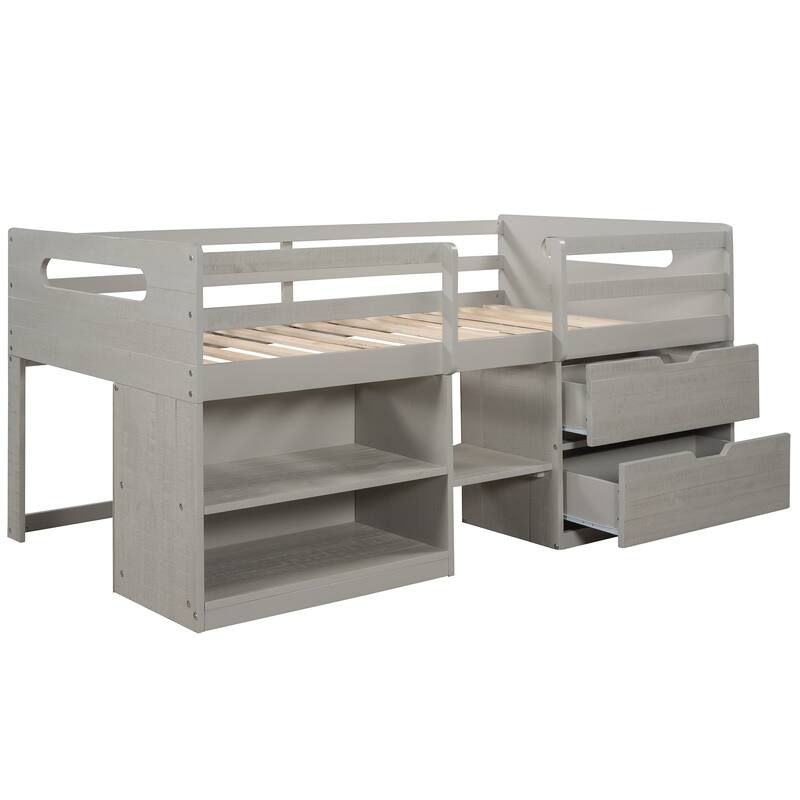 Twin Solid Pine Loft Bed with Shelves, Drawers, and Guardrail