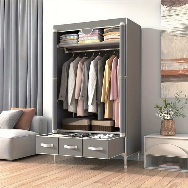 slide 2 of 6, Portable Foldable Closet Organizer Hanging Rod Wardrobe with Sturdy Fixed Shelves Grey