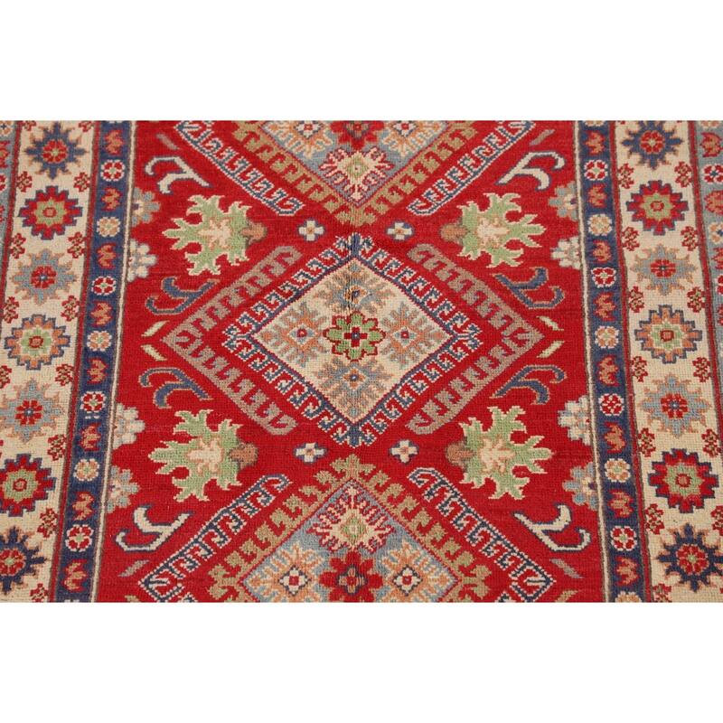 Red Geometric Kazak Foyer Rug Handmade Wool Carpet - 3'4"x 5'0"