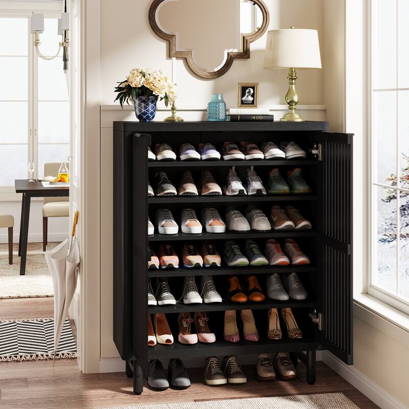 Wooden Shoe Cabinet with Shutter Doors, Adjustable Shelves Large Hidden Storage Organizer Rack for Entryway Hallway