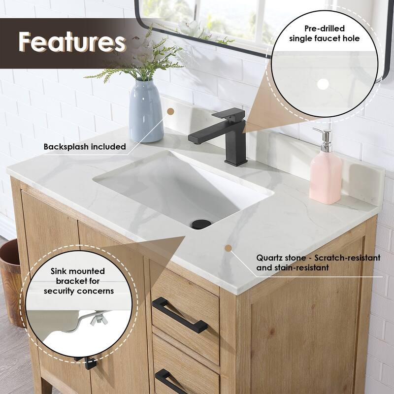 Altair Laurel Bath Vanity with Calacatta White Quartz Stone Countertop without Mirror