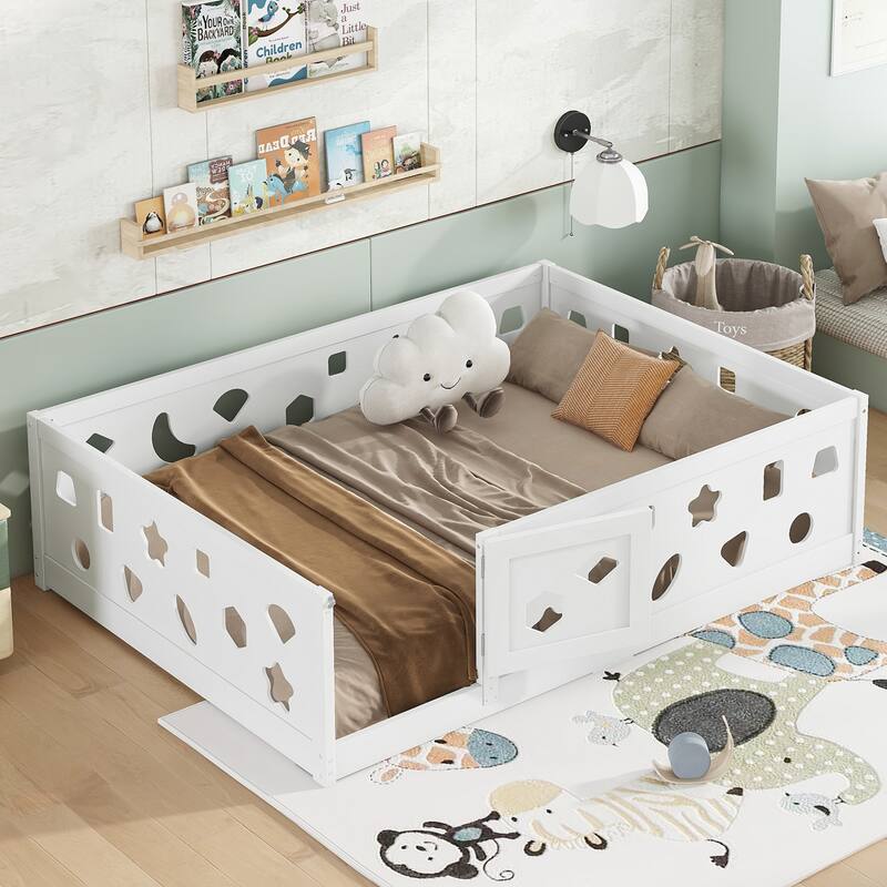 Full Size Montessori Floor Bed with Safety Guardrails & Door - Solid Wood Frame